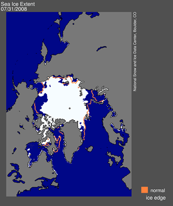 NSIDC daily sea ice image July 31, 2008